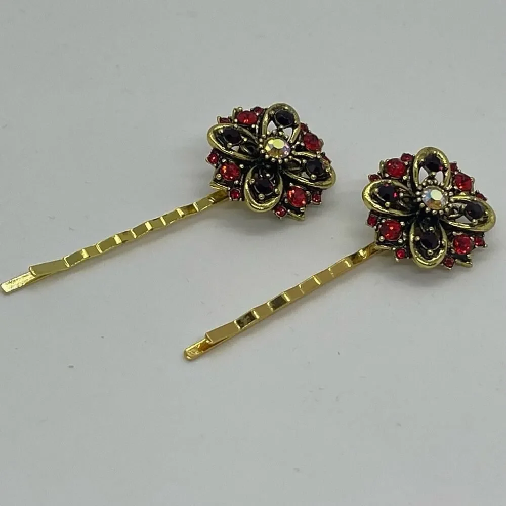 Handmade Red Brown Rhinestone Gold Set Hair Clips HoCo Wedding Fairy Jewelry NWT